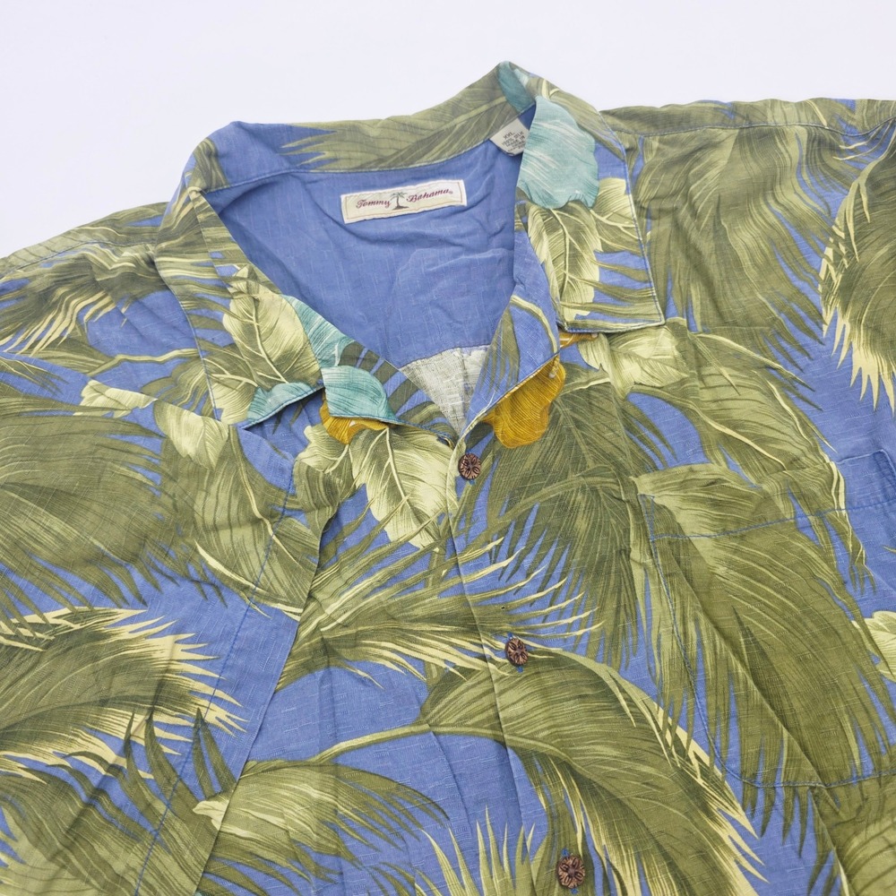 Tommy Bahama Men XXL Silk Tropical Hibiscus Palm Leaf Camp Shirt Blue Green Read